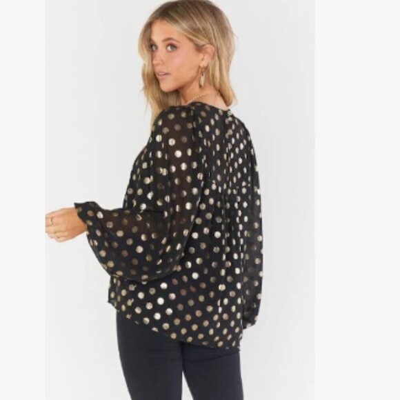 SHOW ME YOUR MUMU Long Sleeve Black Top Gold Polka Dot Bishop Sleeves Size M - Picture 2 of 16
